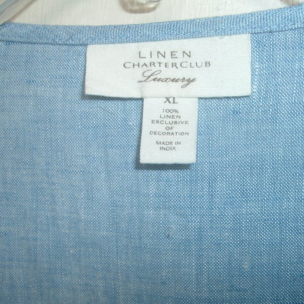 Charter Club Luxury 100% Linen Tunic Top Long sleeve Blouse Embroidery Blue XL - Picture 4 of 5